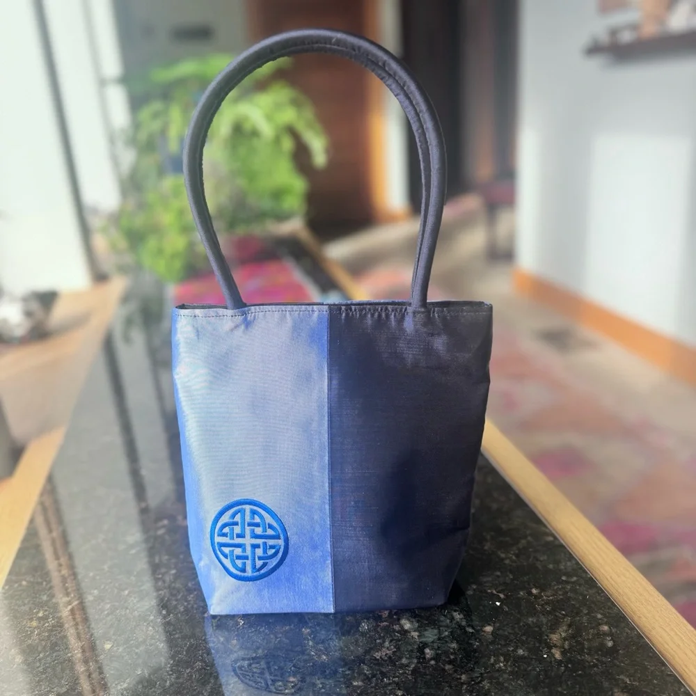 NWOT Blue and Navy mulberry Silk Tote Bag shape Purse